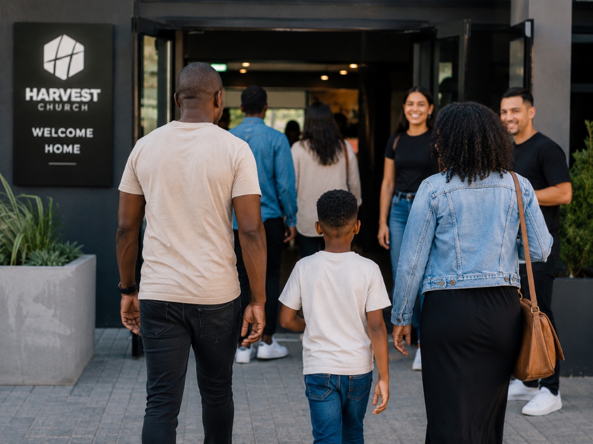 People arriving at Harvest Church